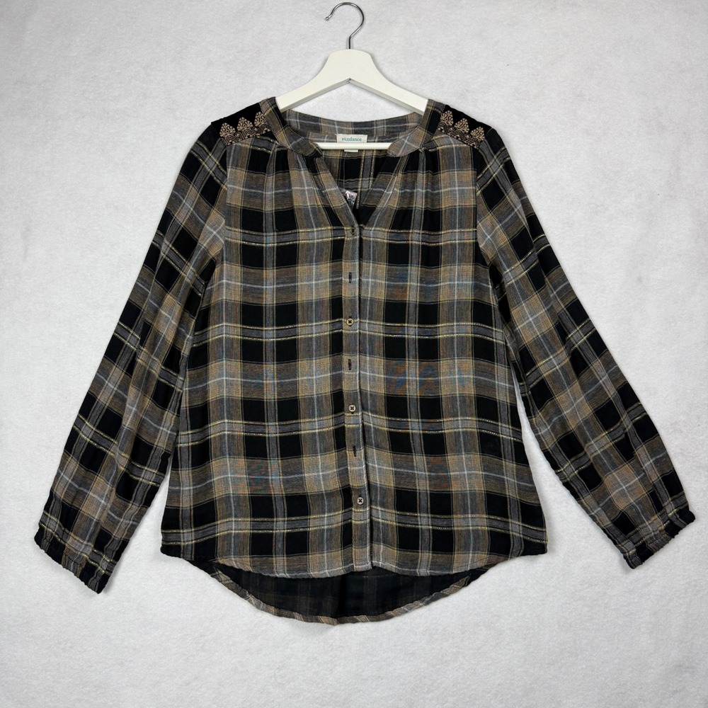 Sundance Plaid Button Up Shirt Womens Embroidered Velvet Gauze Rustic Size M